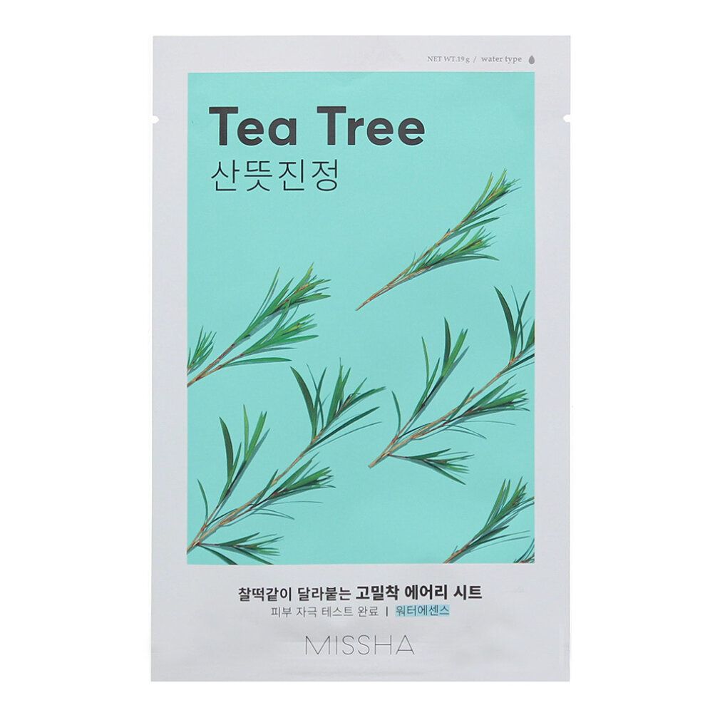 Verpackung mit "Tea Tree" und Zweigen. Marke Missha. Text in koreanischer Schrift.