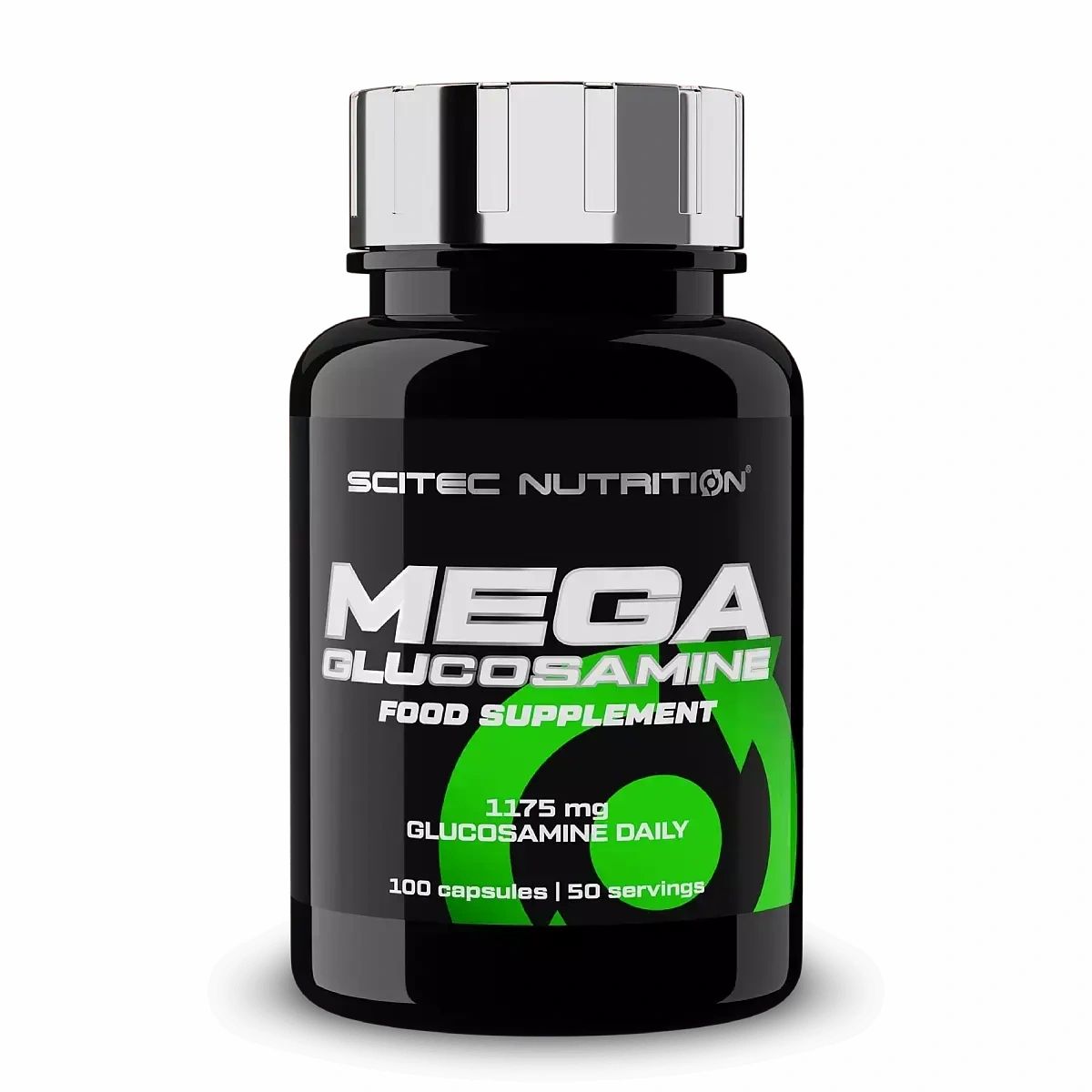 Schwarze Flasche mit silbernem Deckel. Aufschrift: Scitec Nutrition, Mega Glucosamine, Nahrungsergänzungsmittel. 1175 mg Glucosamin täglich.