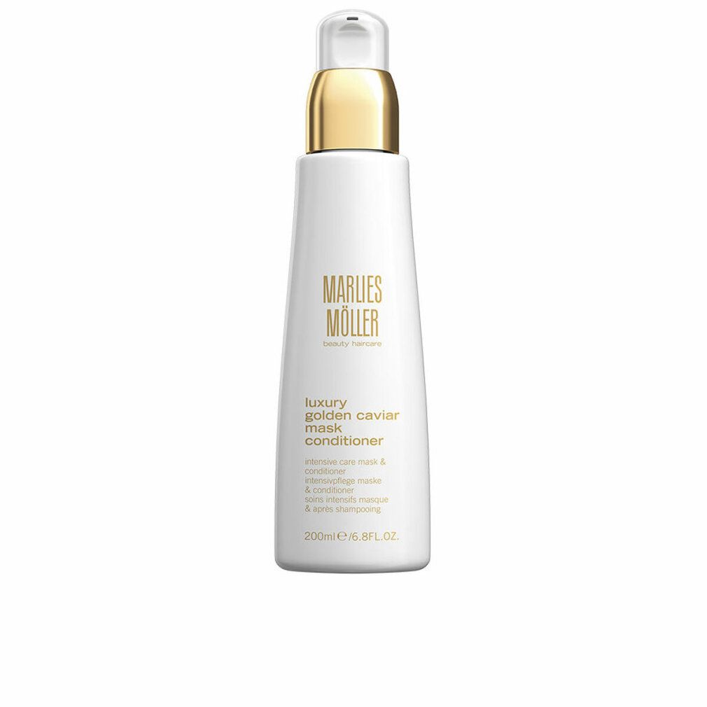 Weiße Flasche mit goldenem Verschluss. Aufschrift: Marlies Möller, Luxury Golden Caviar Mask Conditioner. 200ml/6.8FL.OZ.