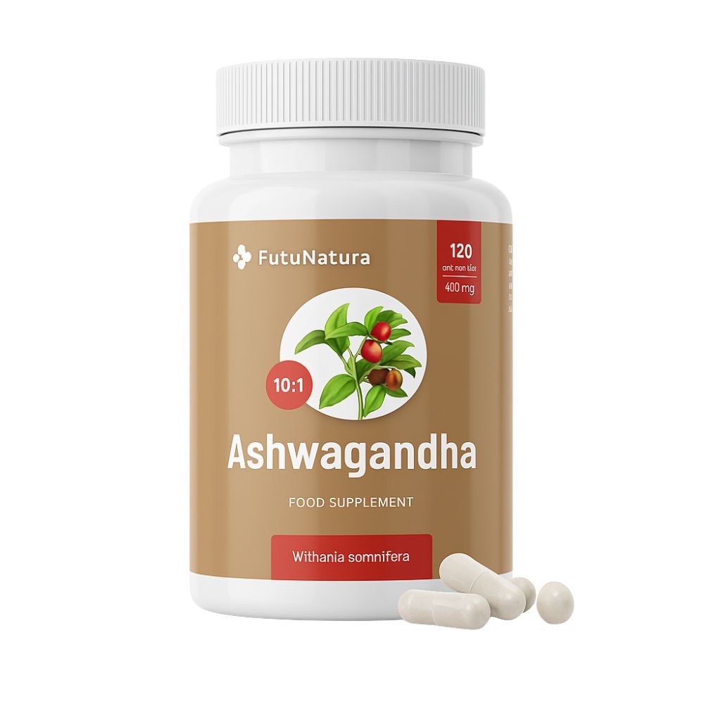 Braune Dose mit weißen Kapseln. Aufschrift: Ashwagandha, 120 Kapseln, 400 mg. Logo: FutuNatura. Abbildung: Ashwagandha-Pflanze.