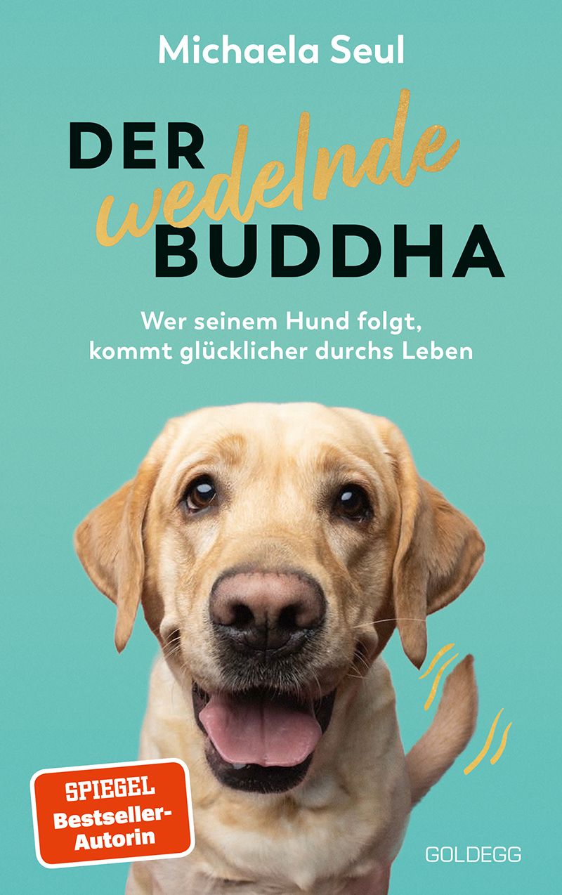 Buchcover: Titel "Der wedelnde Buddha". Autorin Michaela Seul. Hund mit wedelndem Schwanz. Aufkleber: Spiegel Bestseller-Autorin.