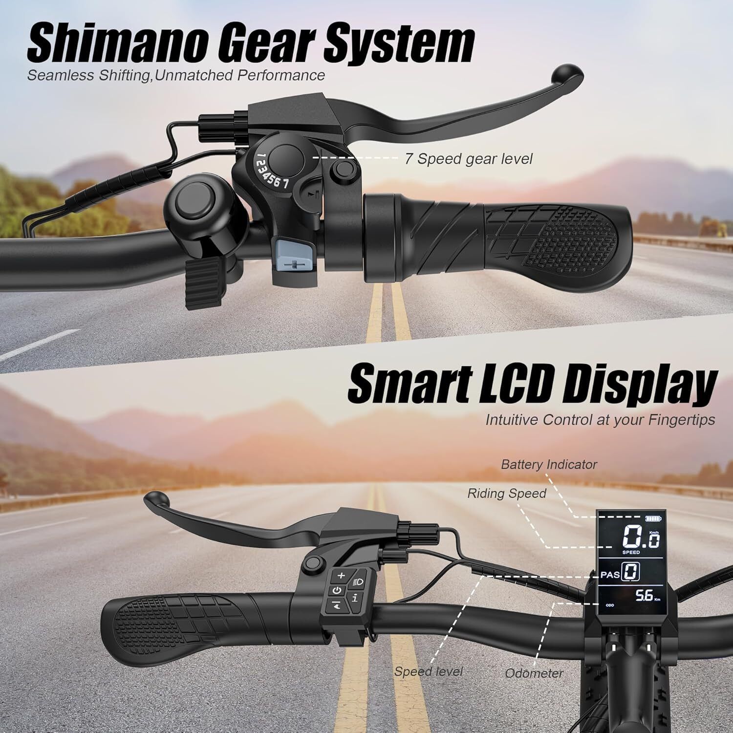 Nahaufnahme des Lenkers eines E-Bikes. Shimano-Gangschaltung und Smart LCD-Display mit Geschwindigkeitsanzeige.