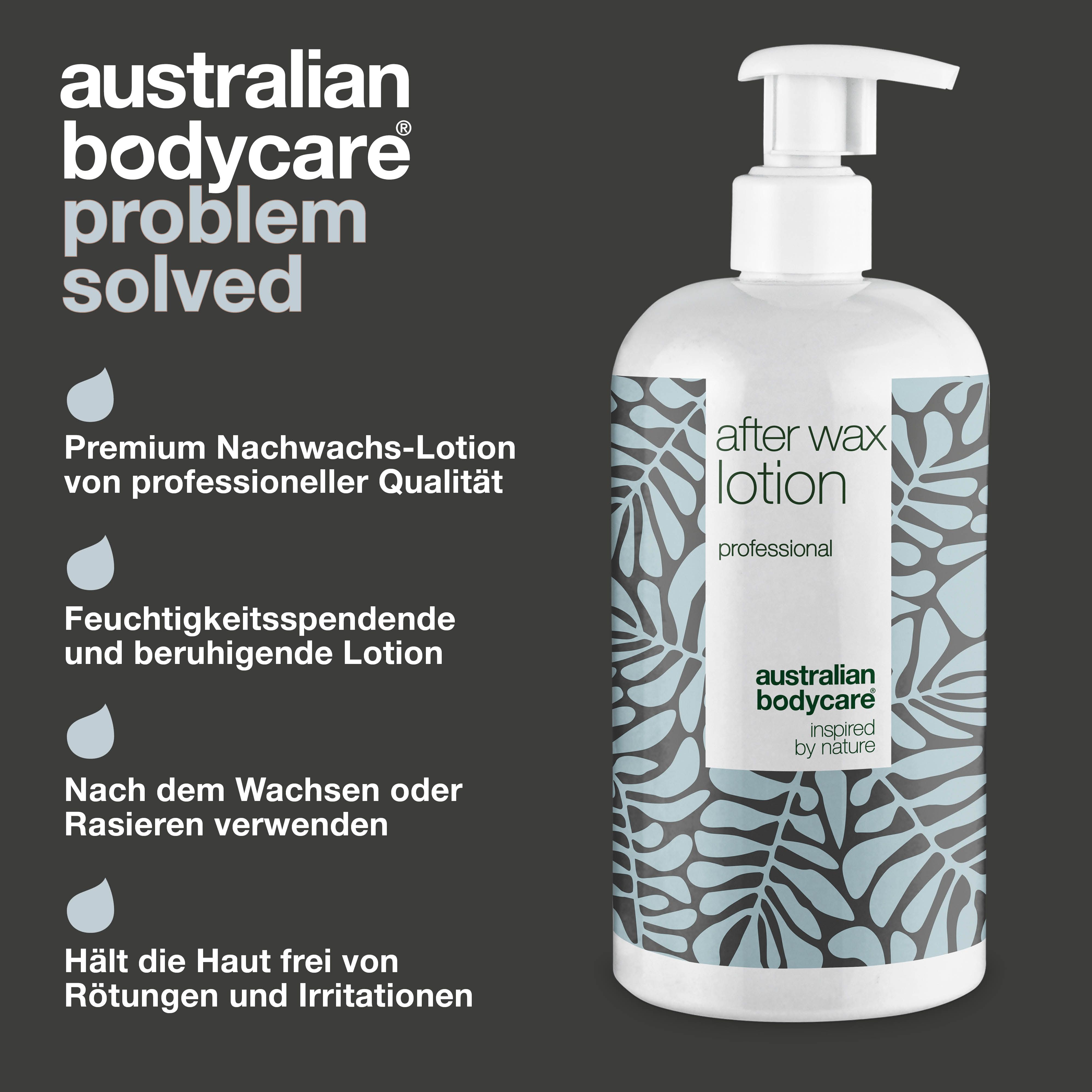 Produktflasche. Text: Premium Nachwachs-Lotion, feuchtigkeitsspendend, beruhigend, nach dem Wachsen.