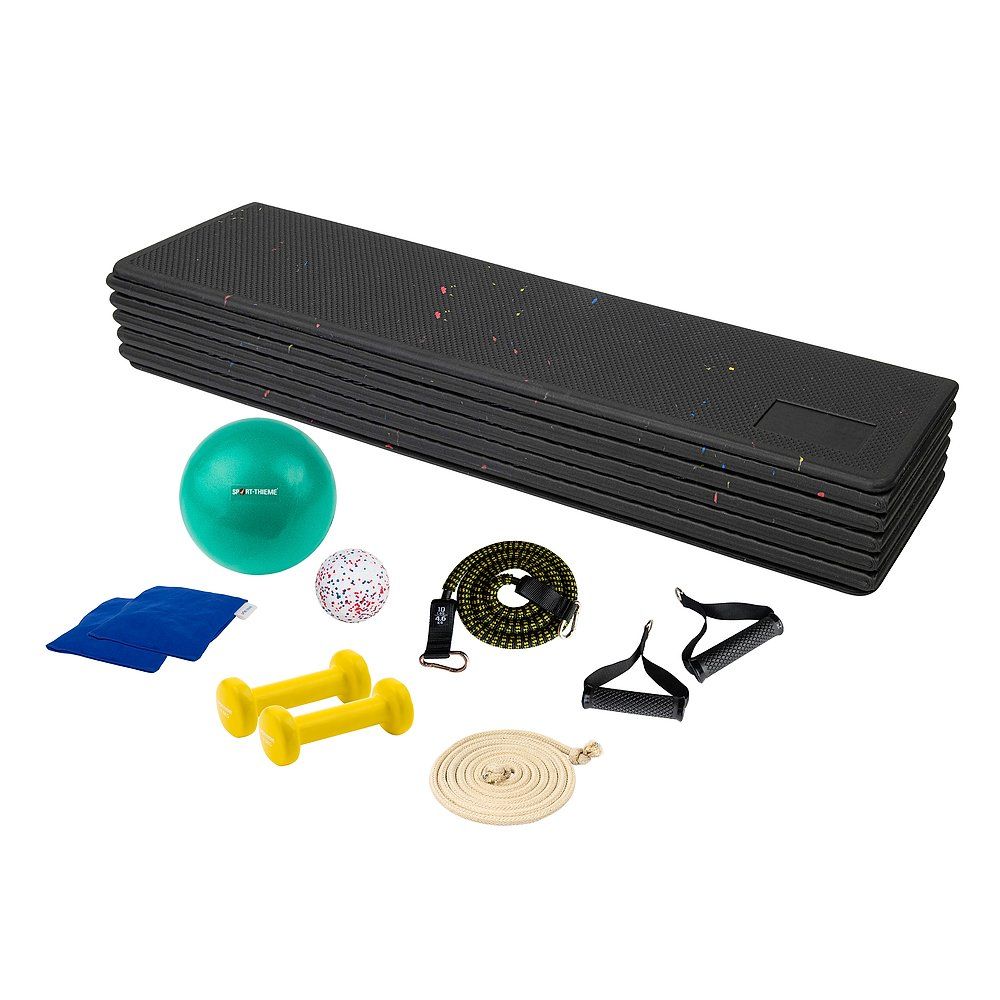 Fitness-Set mit mehreren Elementen: Gymnastikmatte, Gymnastikball, Hanteln, Seil, Widerstandsbänder und weitere Zubehörteile.