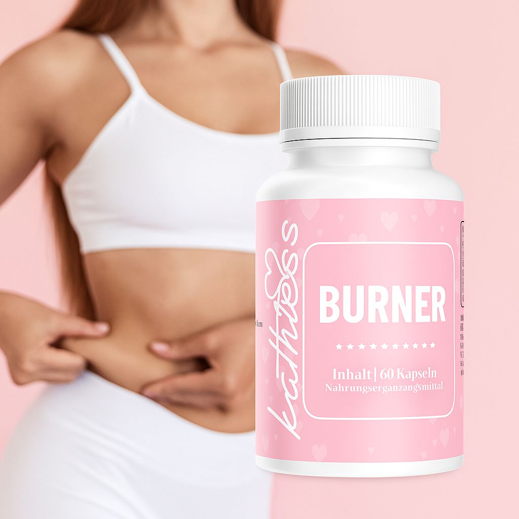 Weiße Flasche mit rosa Etikett. Aufschrift BURNER, Kathless Logo. Inhalt: 60 Kapseln. Nahrungsergänzungsmittel. Frau greift Bauch.