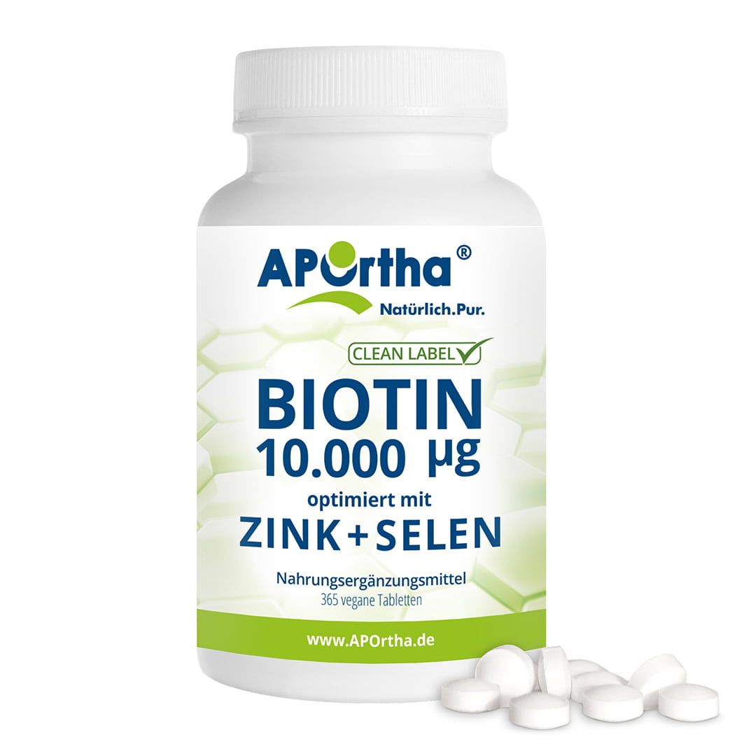 Weiße Tablettenflasche mit Tabletten daneben. APOrtha® Biotin 10.000 µg + Zink + Selen. 365 vegane Tabletten. Nahrungsergänzungsmittel.