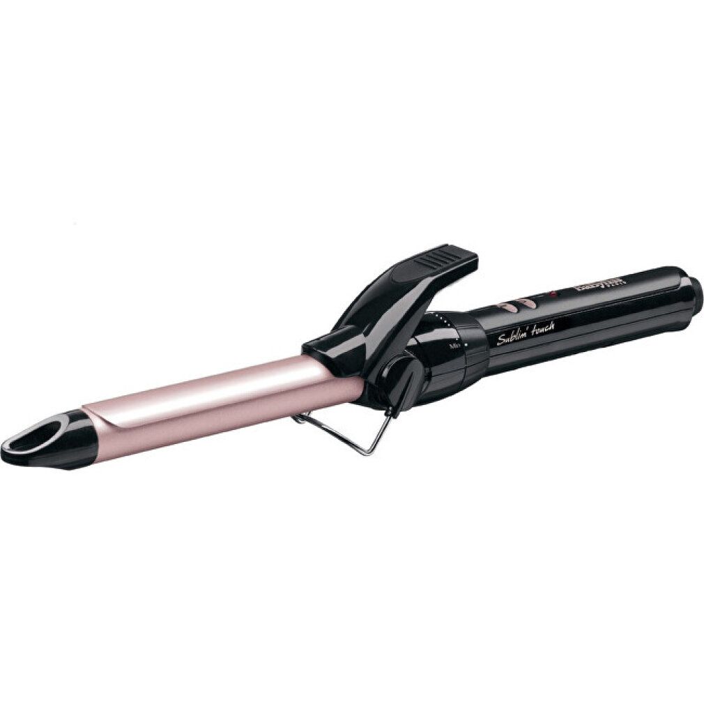 Lockenstab mit schwarzem Griff und rosafarbenem Lockenstab. Der Lockenstab hat eine gebogene Form.