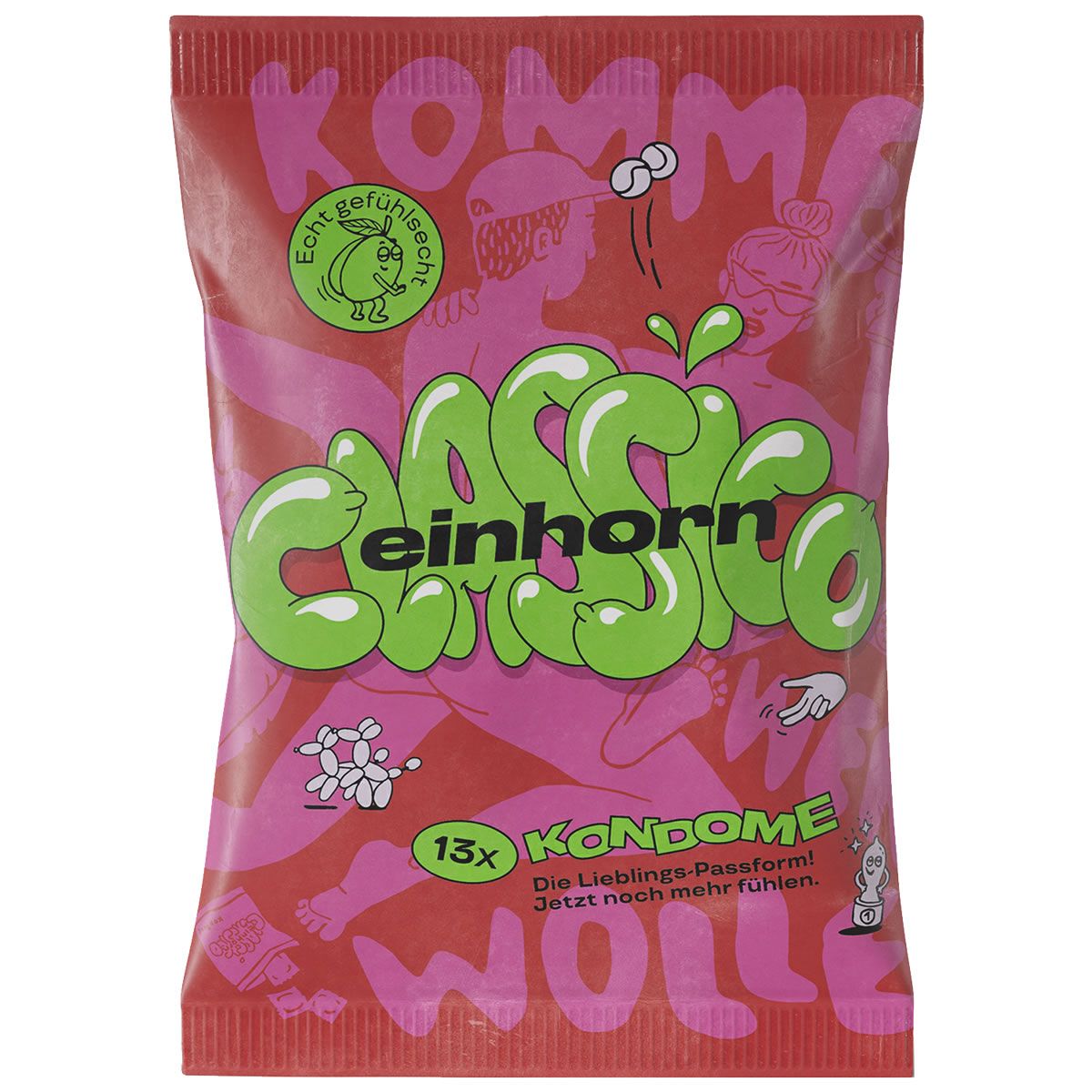 Verpackung mit Kondomen. Aufschrift CLASSICO und einhorn. 13 Stück. Pink-roter Hintergrund mit Illustrationen.