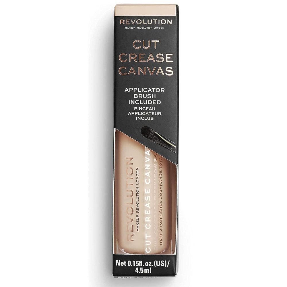 Makeup Revolution Cut Crease Canvas, in einer schwarzen Verpackung. Auf der Verpackung steht "CUT CREASE CANVAS" und "APPLICATOR BRUSH INCLUDED". Die Verpackung zeigt auch einen Pinsel. Unten steht "Net 0.15 fl.oz. (US) / 4.5 ml".