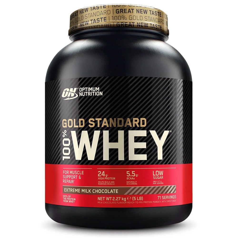 Schwarze Dose mit rotem Etikett. Aufschrift: Gold Standard 100% Whey, Extreme Milk Chocolate. 24g Protein, 71 Portionen.