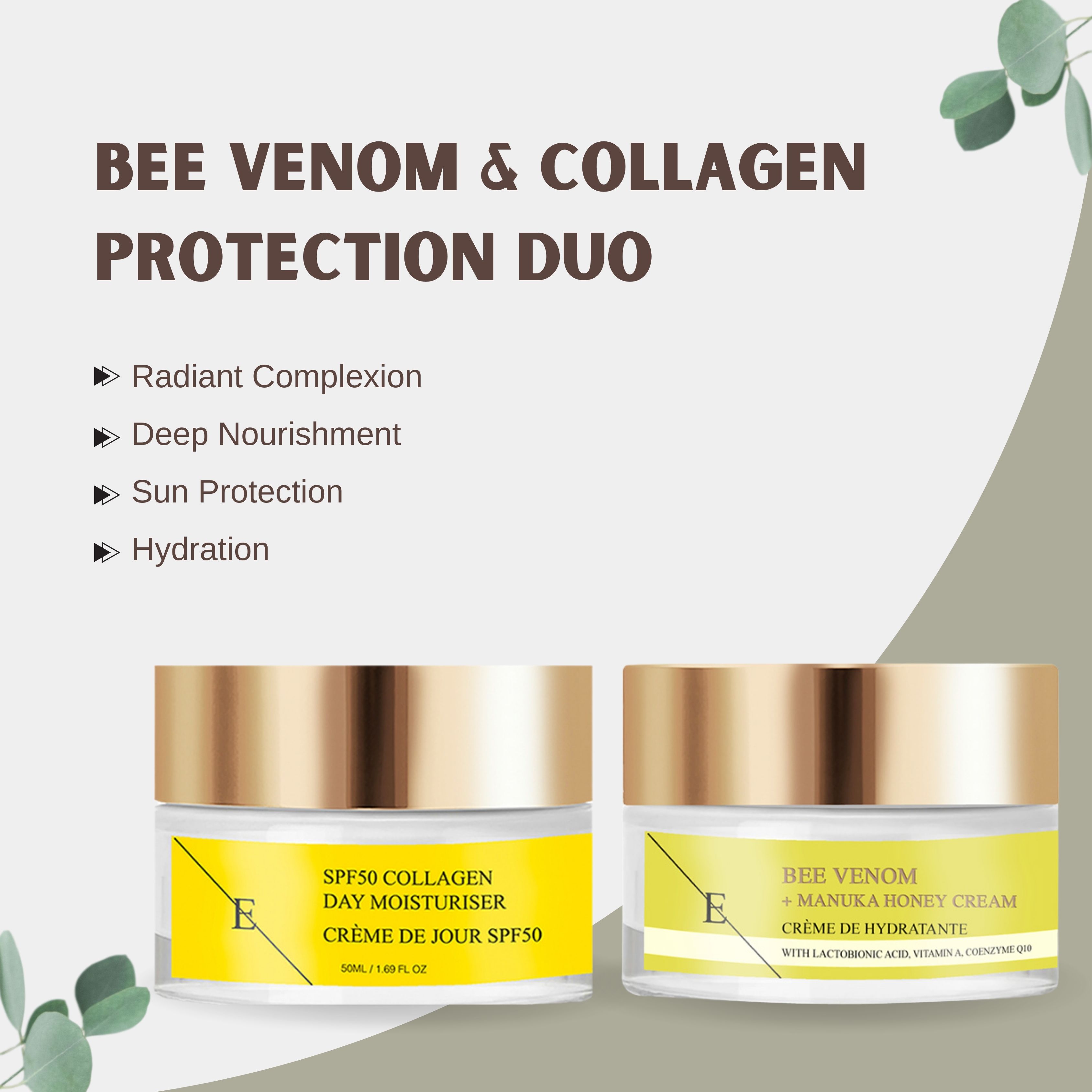 Zwei Cremetiegel mit gelben Etiketten. Auf einem steht "SPF50 COLLAGEN DAY MOISTURISER". Der andere zeigt "BEE VENOM + MANUKA HONEY CREAM".