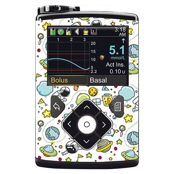 Medizinprodukt mit Weltraum-Design. Schwarzes Gehäuse, Display mit Messwerten. Steuerung mit Pfeiltasten. Anzeige: 5.1 mmol/L.