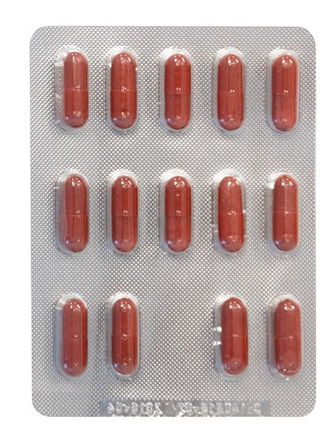 Blisterpackung mit 12 braunen Kapseln. Kapseln in einer silbernen Blisterpackung angeordnet.