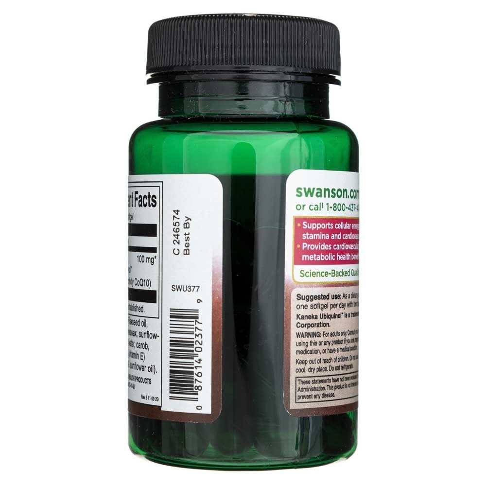 Seite einer Swanson Ubiquinol 100 mg Flasche mit Produktinformationen und Website.