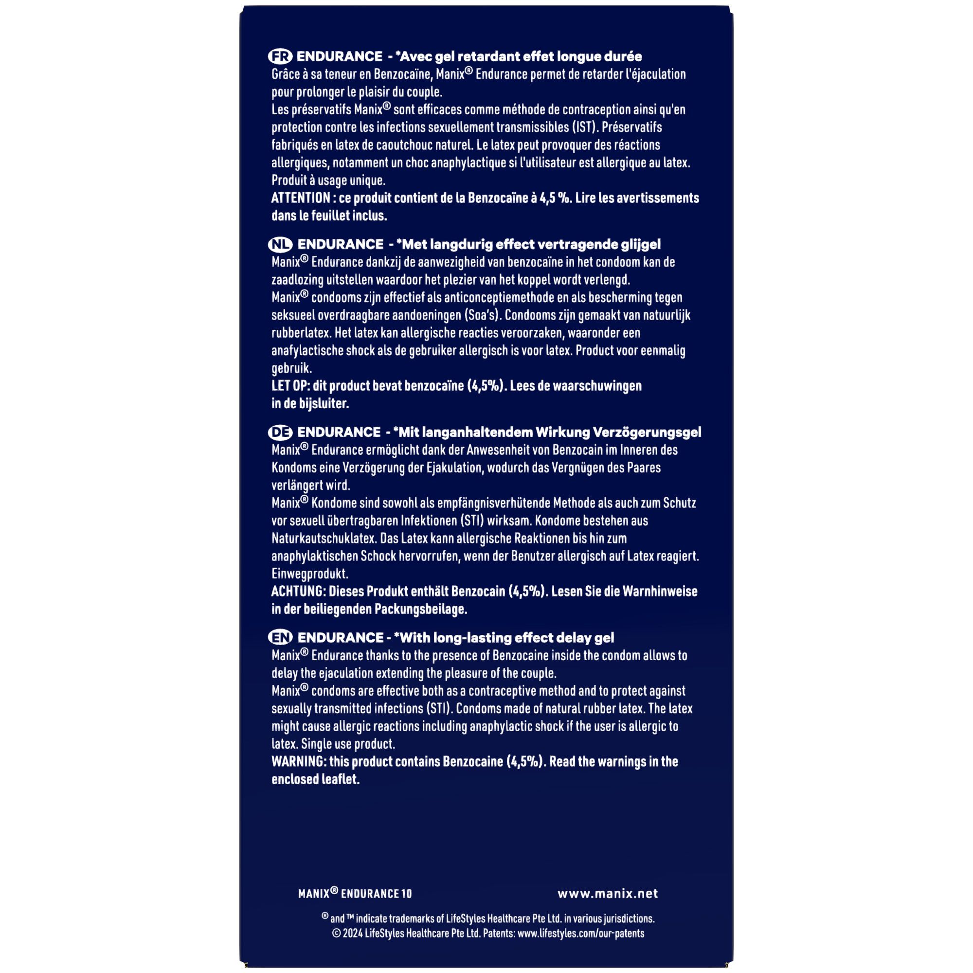 Rückseite der Manix Endurance Time Control Kondompackung mit Produktinformationen.