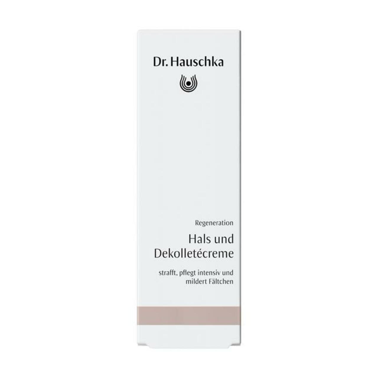 Schachtel mit Text. Produktname: Regeneration Hals und Dekolletécreme. Marke: Dr. Hauschka.