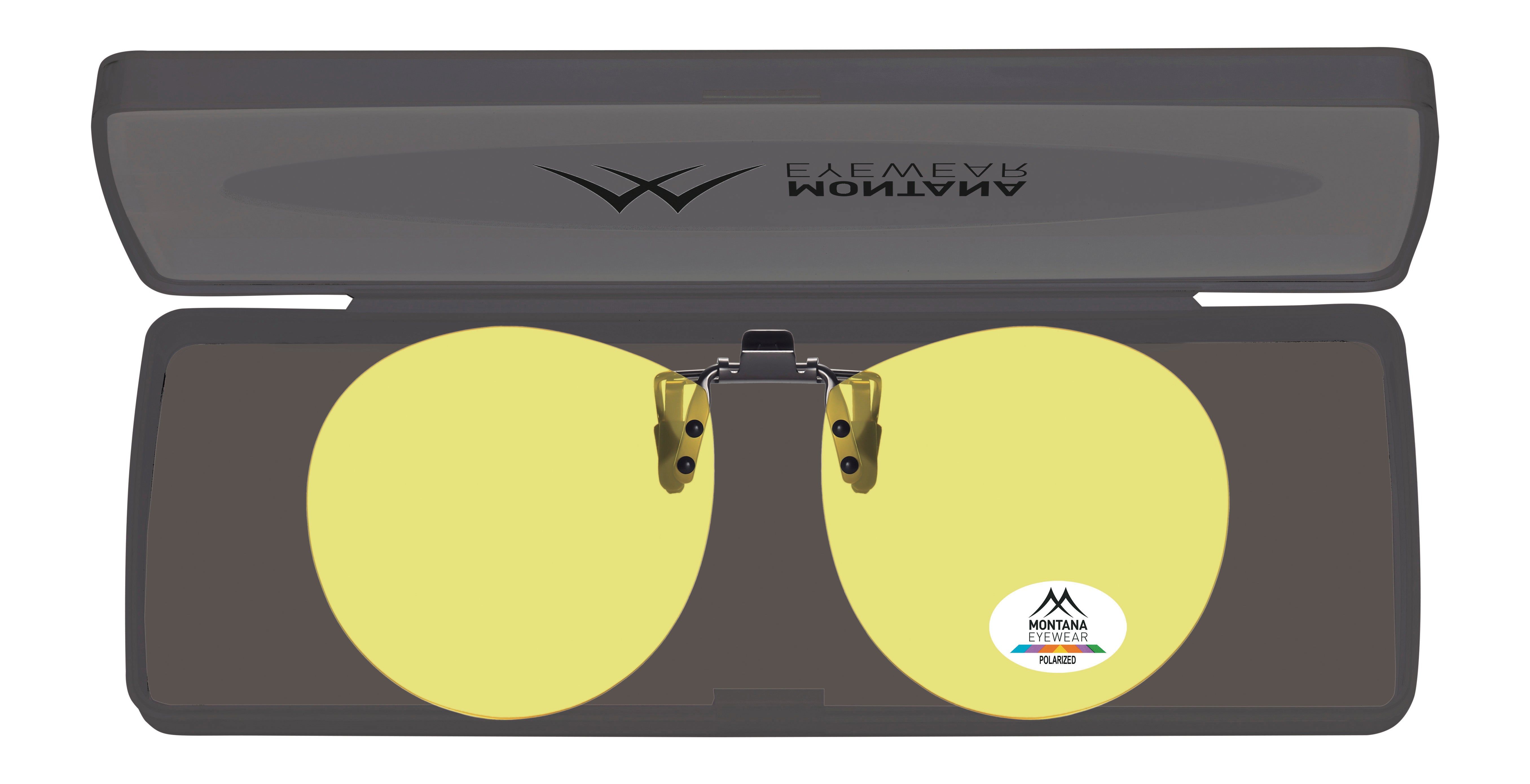 Gelbe Clip-on-Sonnenbrille in einem grauen Etui. Montana Eyewear Logo. Polarisierte Gläser.