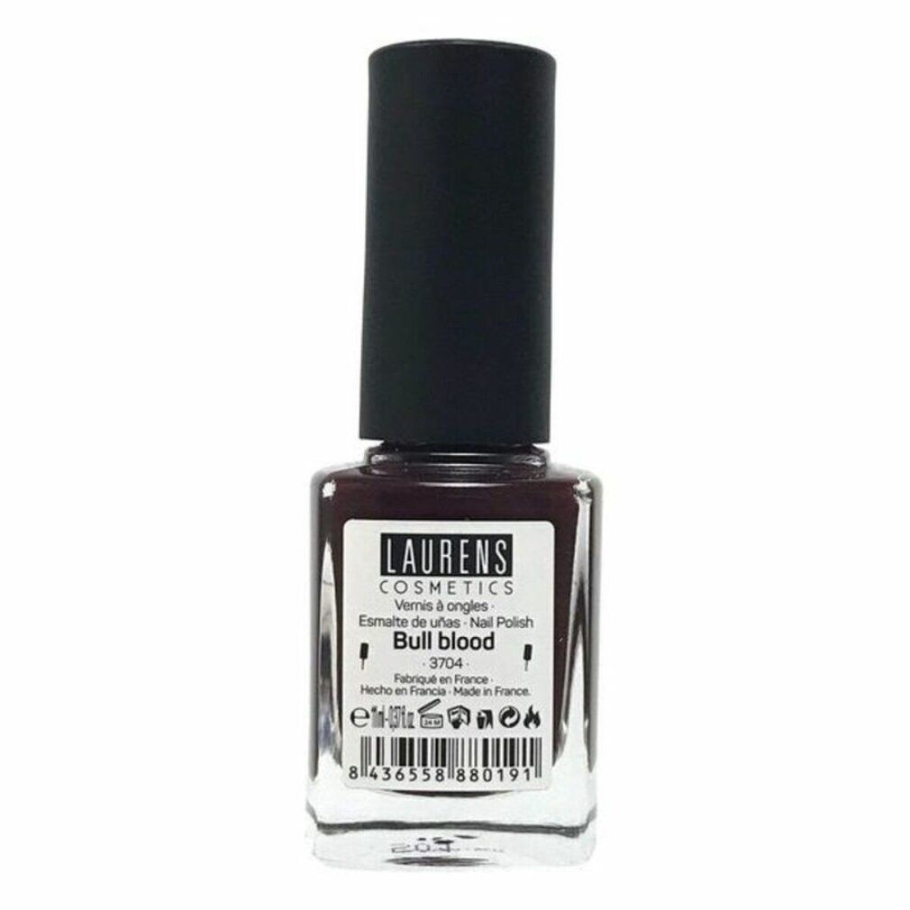 Nagellackflasche, Bull Blood, von Laurens Cosmetics. Dunkelroter Nagellack, schwarzer Deckel. Etikett mit Produktinformationen.