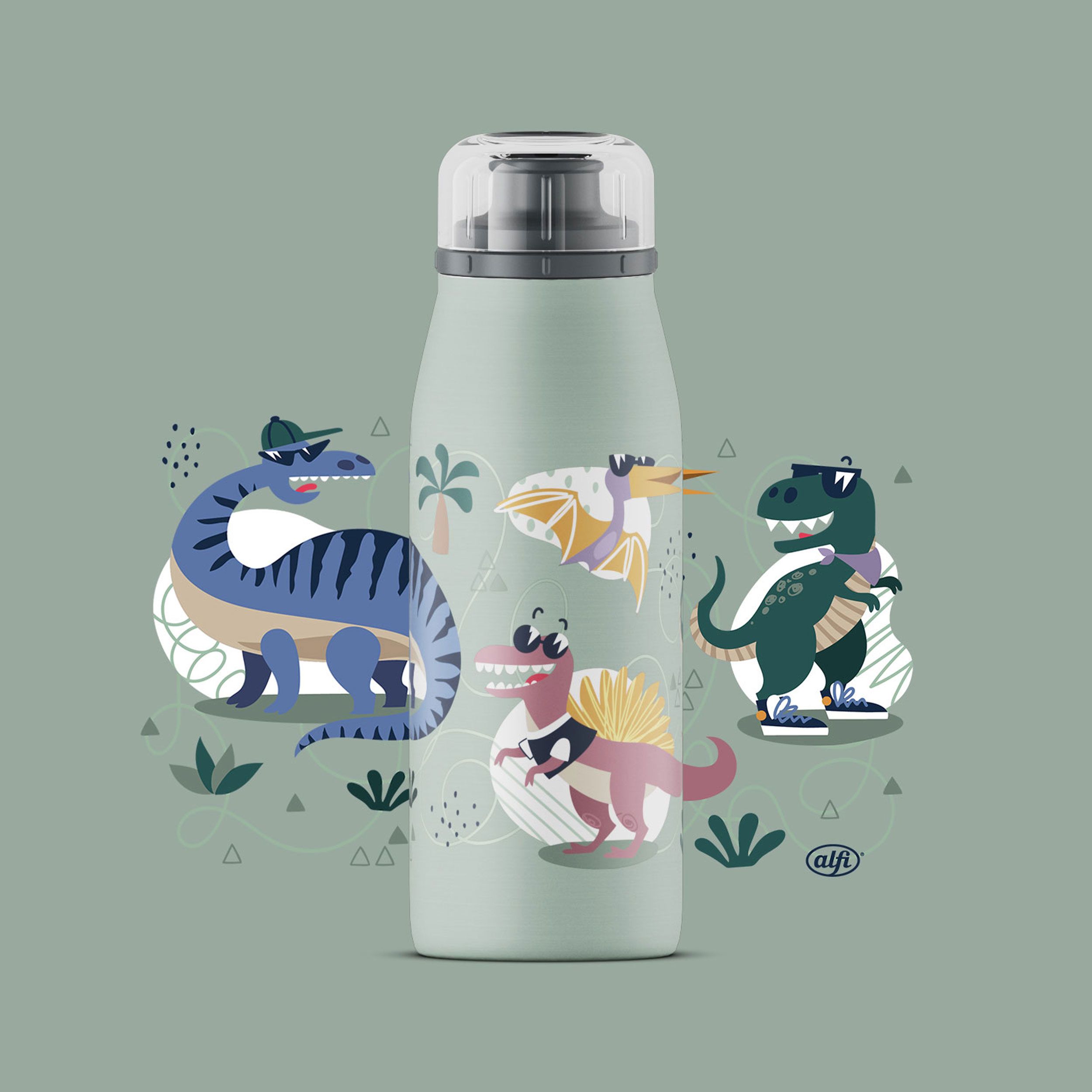 ALFI Isolierflasche mit mehreren Dinos im Comic-Stil, grün, mit Logo.
