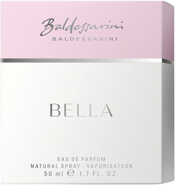 Baldessarini Bella-Verpackung. Weiß mit rosa Deckel. Schriftzug Bella und Markenname.