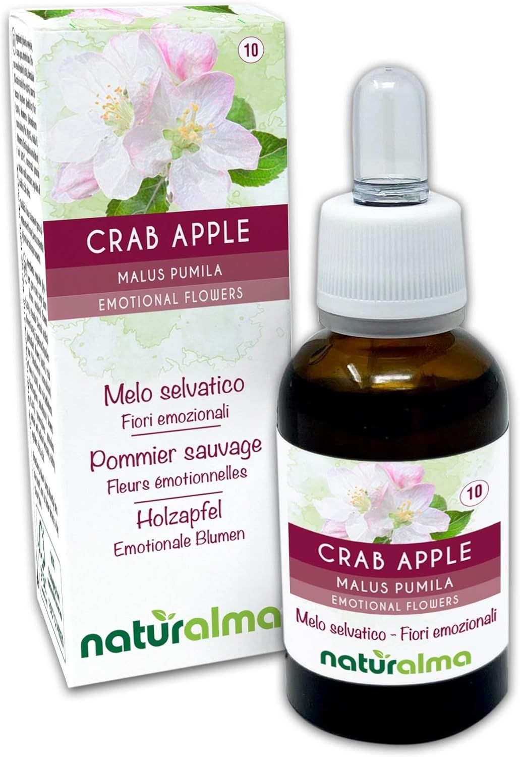 Braune Glasflasche mit weißem Verschluss und Karton. Aufschrift: CRAB APPLE, Malus pumila, Emotional Flowers. Marke: naturalma.