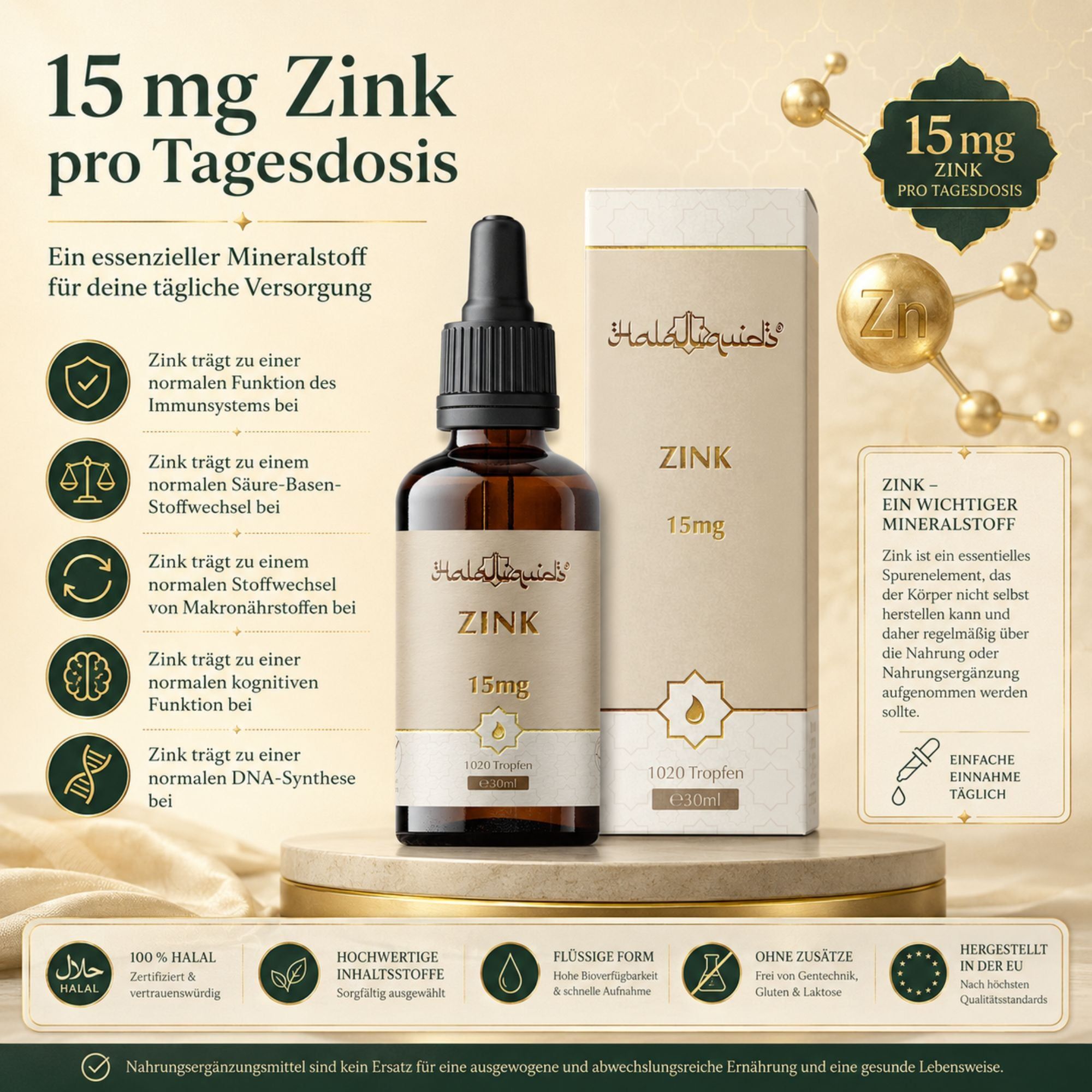 Zink Tropfen 15mg pro Tagesdosis. Flasche (30ml) und Faltschachtel auf Podest. Icons zeigen Vorteile.