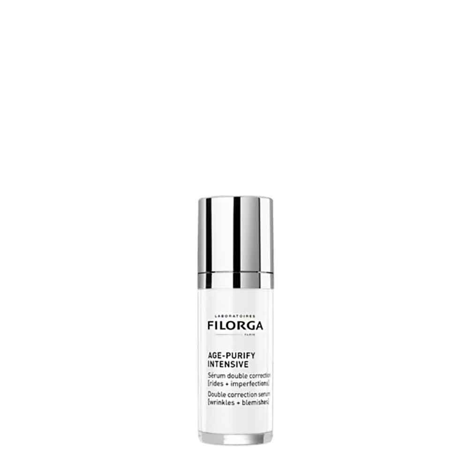 Klarer Flakon mit silberfarbenem Deckel. Aufschrift: FILORGA, AGE-PURIFY INTENSIVE, Serum double correction rides + imperfections.