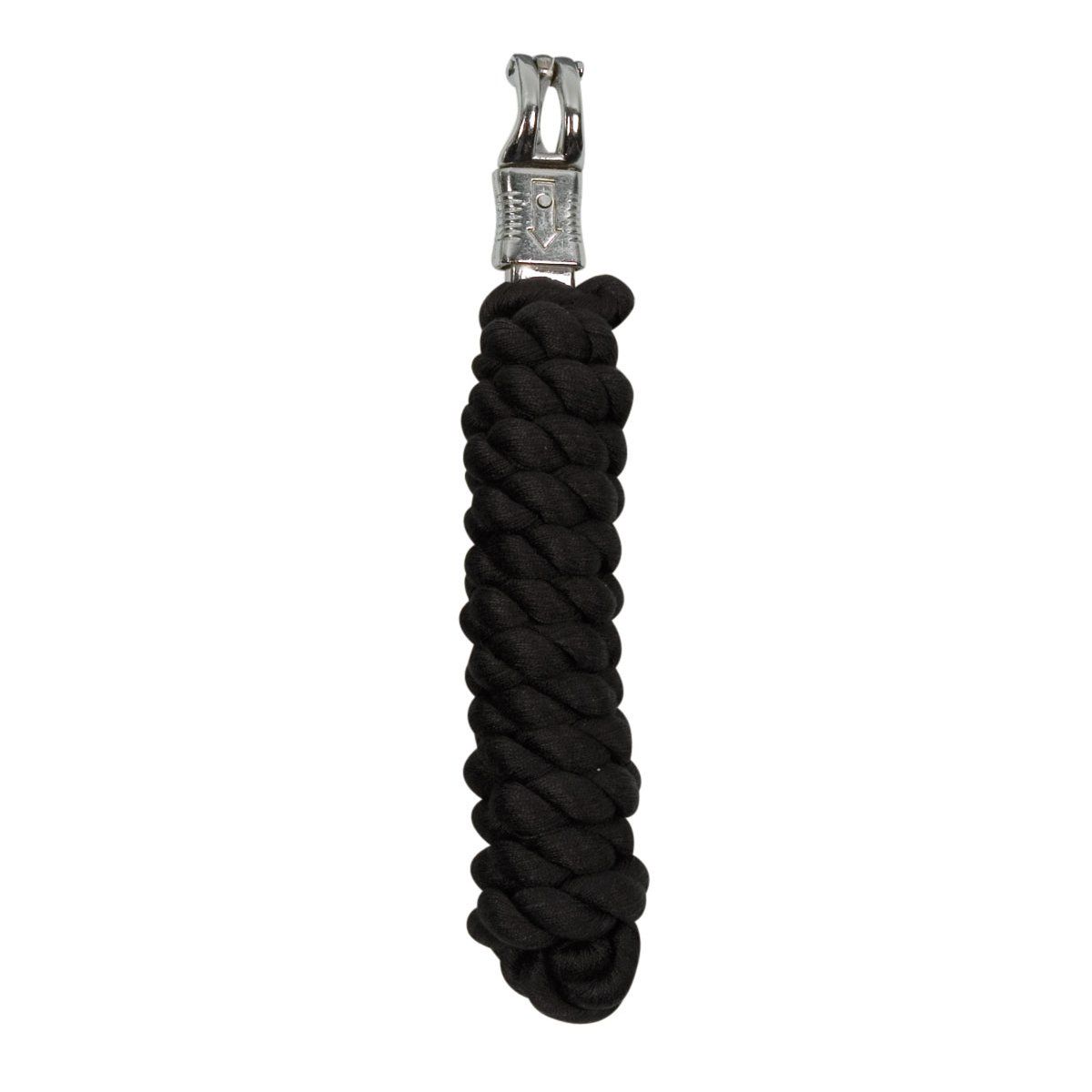 Schwarzer Führstrick mit Karabinerhaken aus Edelstahl. Geflochtenes Seil, Karabiner oben.