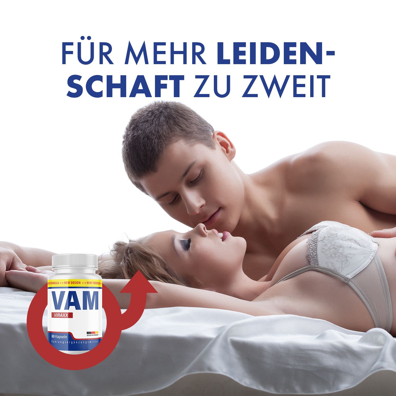 Paar im Bett. Flasche "VAM VIRAXX" mit rotem Pfeil. Text: "Für mehr Leidenschaft zu zweit".