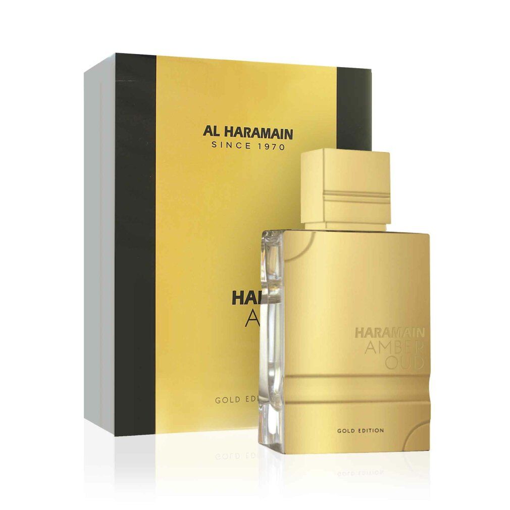 Goldfarbene Parfumflasche und -verpackung. Aufschrift: Al Haramain, Amber Oud Gold Edition, 120 ml.