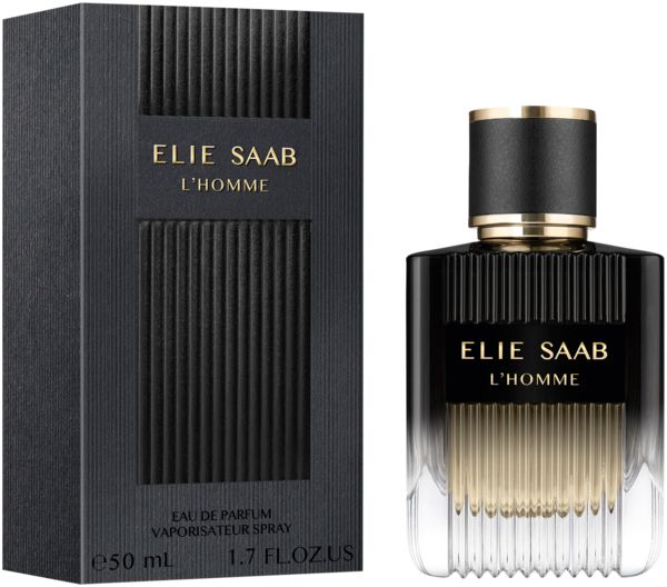 Schwarzer Flakon und Schachtel. Aufschrift: ELIE SAAB L'HOMME. Text: Eau de Parfum, 50 ml.