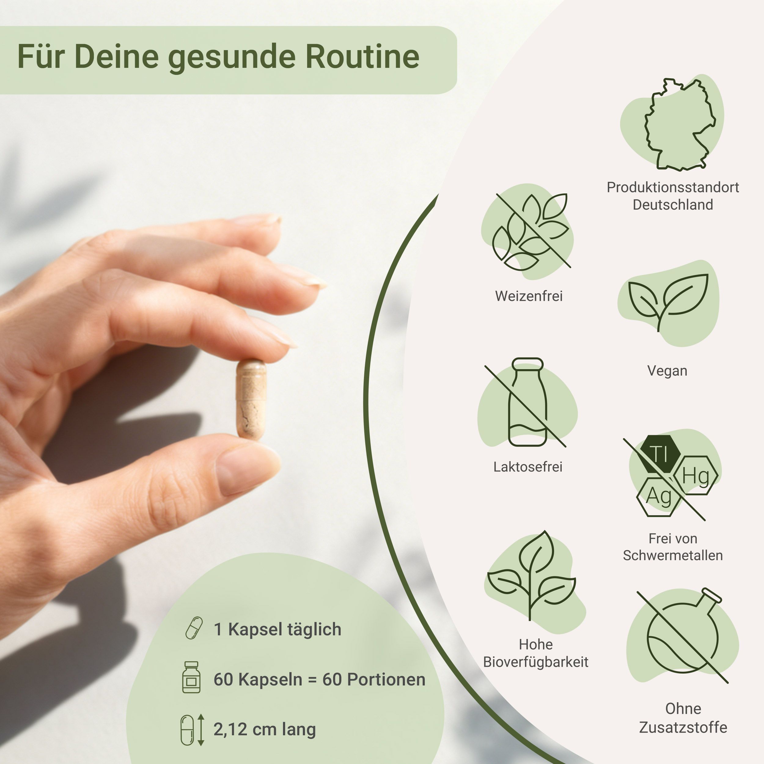 Hand hält eine Spurenelemente-Kapsel, daneben Icons für Merkmale und Produktinformationen.