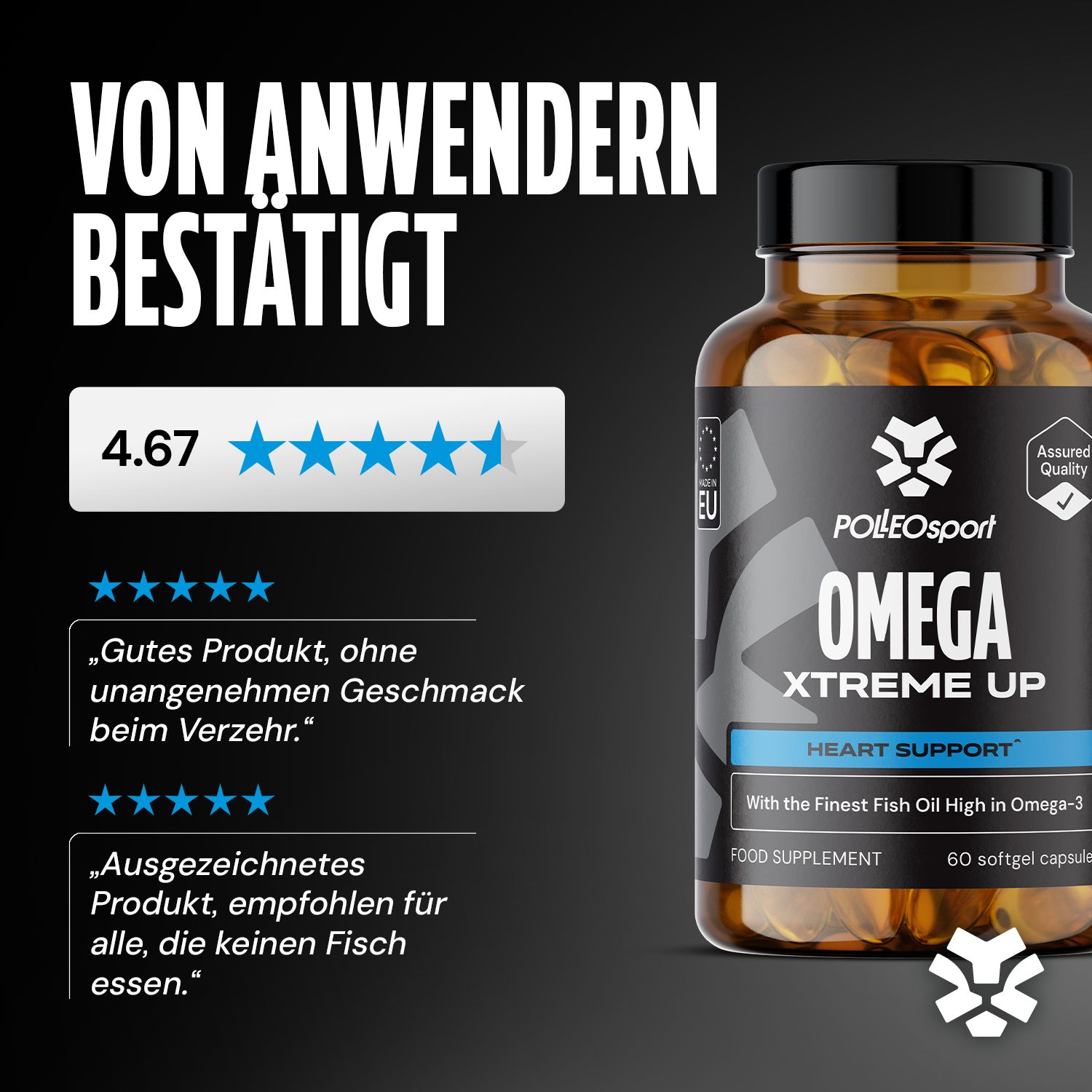 Braune Flasche mit Kapseln. Text: PolleoSport Omega Xtreme UP, 60 Softgel Kapseln. Bewertung 4.67/5. EU-Zertifizierung.