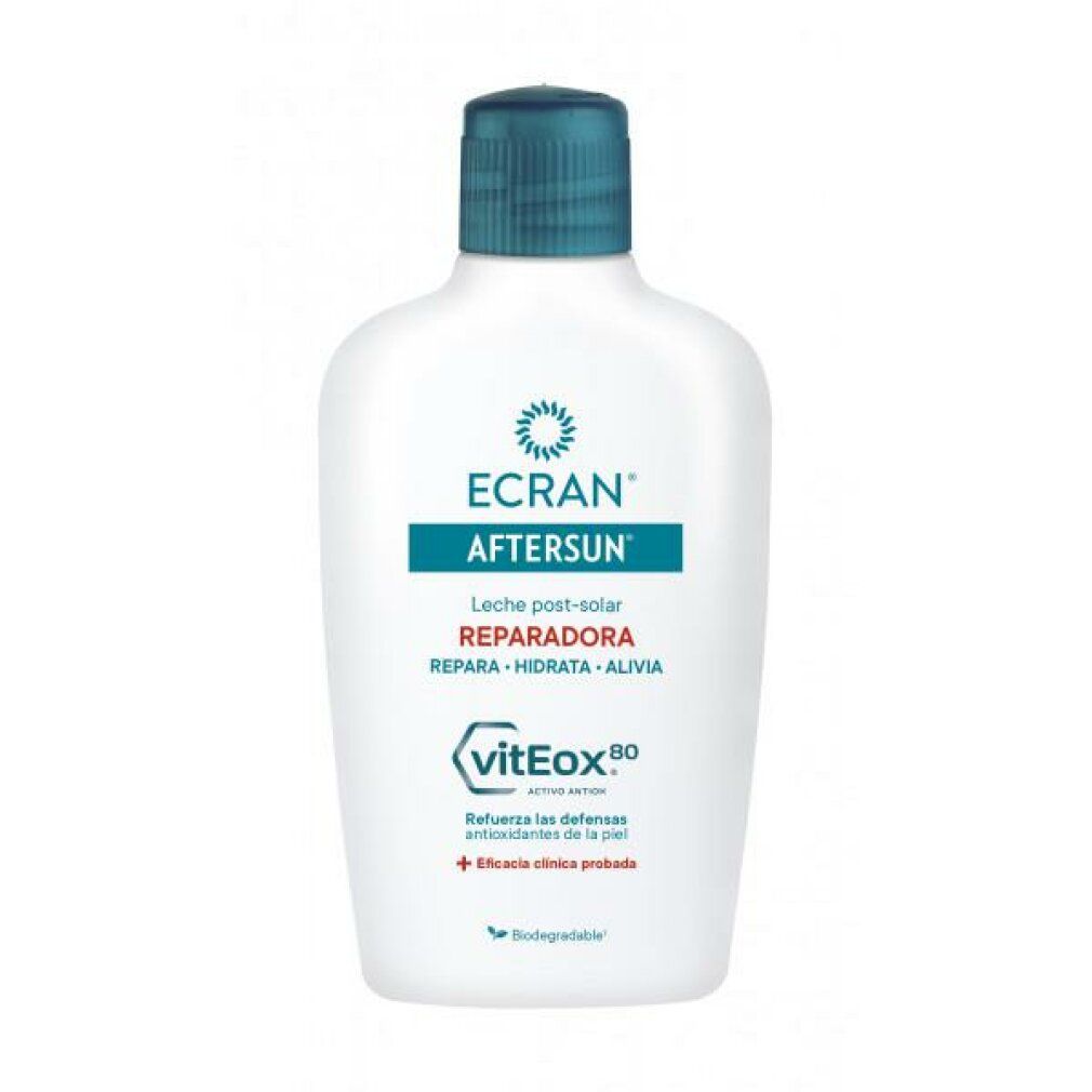 Weiße Flasche mit blauem Deckel. Aufschrift: ECRAN AFTERSUN, Reparierende After Sun Milch mit vitEox80. Klinisch getestet.