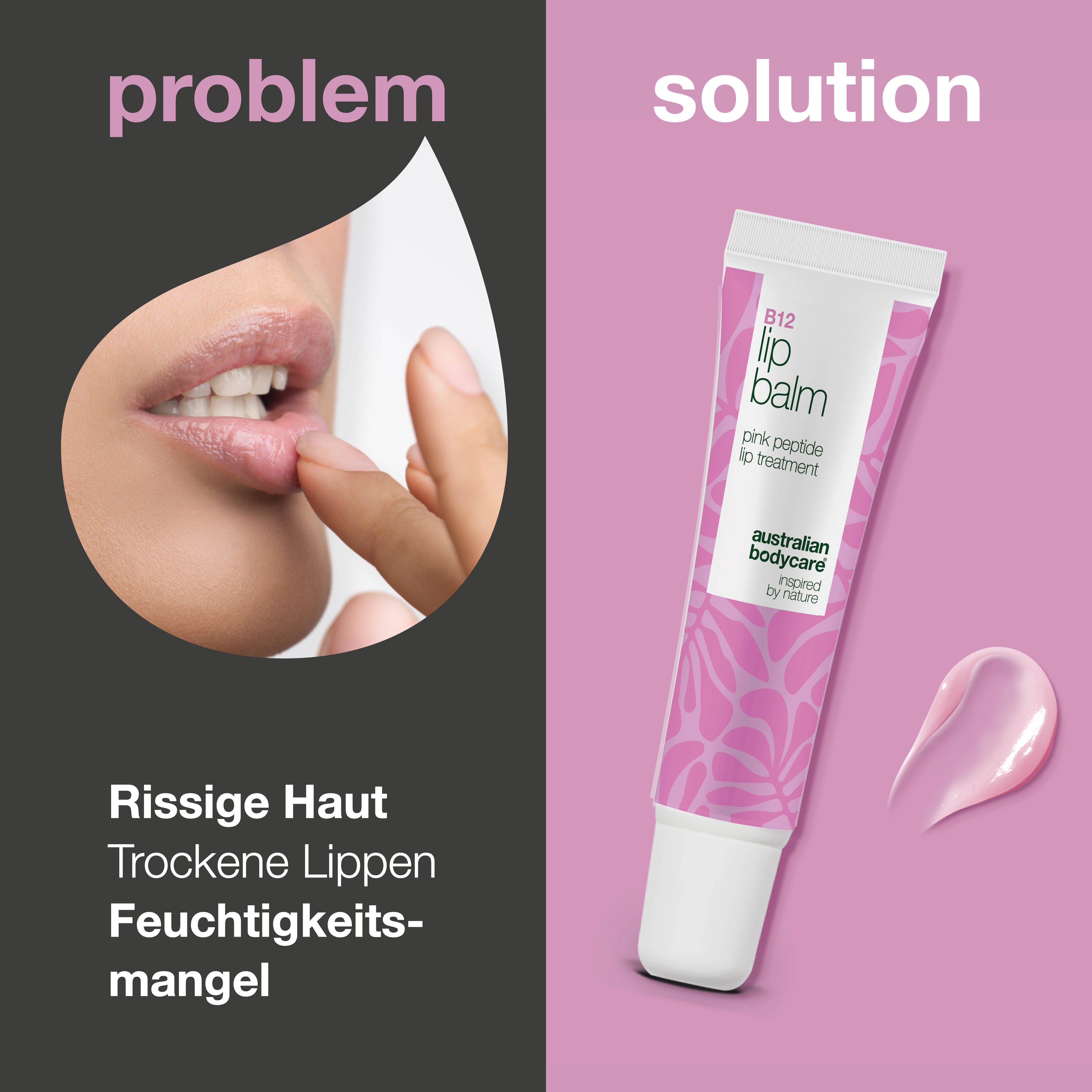 Lippen mit trockener Haut. Daneben eine Tube Lippenbalsam und ein Klecks. Text: B12 Lip Balm, pink peptide lip treatment.