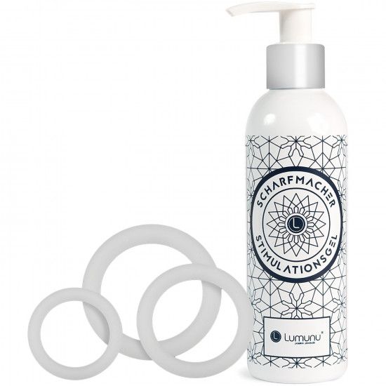 Drei Silikon-Penisringe und eine Flasche Stimulationsgel. Die Flasche hat ein geometrisches Muster und das Logo Lumunu.