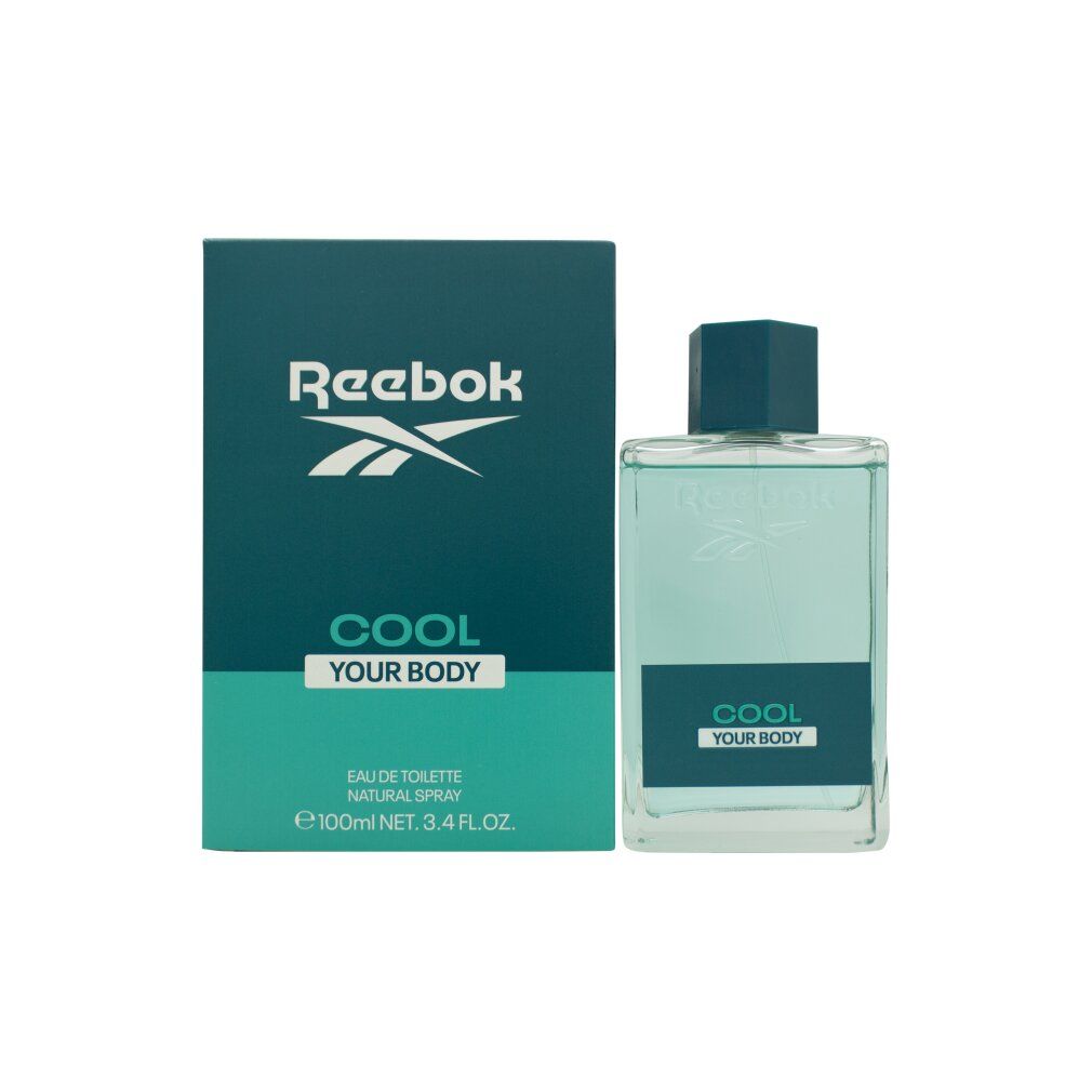 Reebok Cool Your Body Eau de Toilette für Ihn. Flakon und Verpackung. Grün-weißes Design. Logo und Schriftzug.