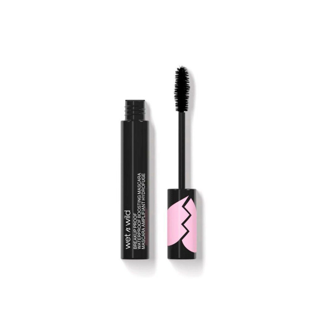 Schwarze Mascara-Tube und Bürste. Rosa Akzent am unteren Ende. Text: Wet n Wild, Breakup Proof, Waterproof, Boosting Mascara.
