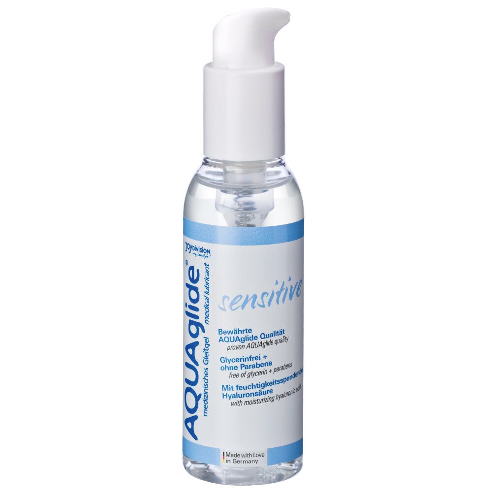 Transparente Flasche mit weißem Pumpkopf. Aufschrift AQUAglide, sensitive und weitere Informationen.