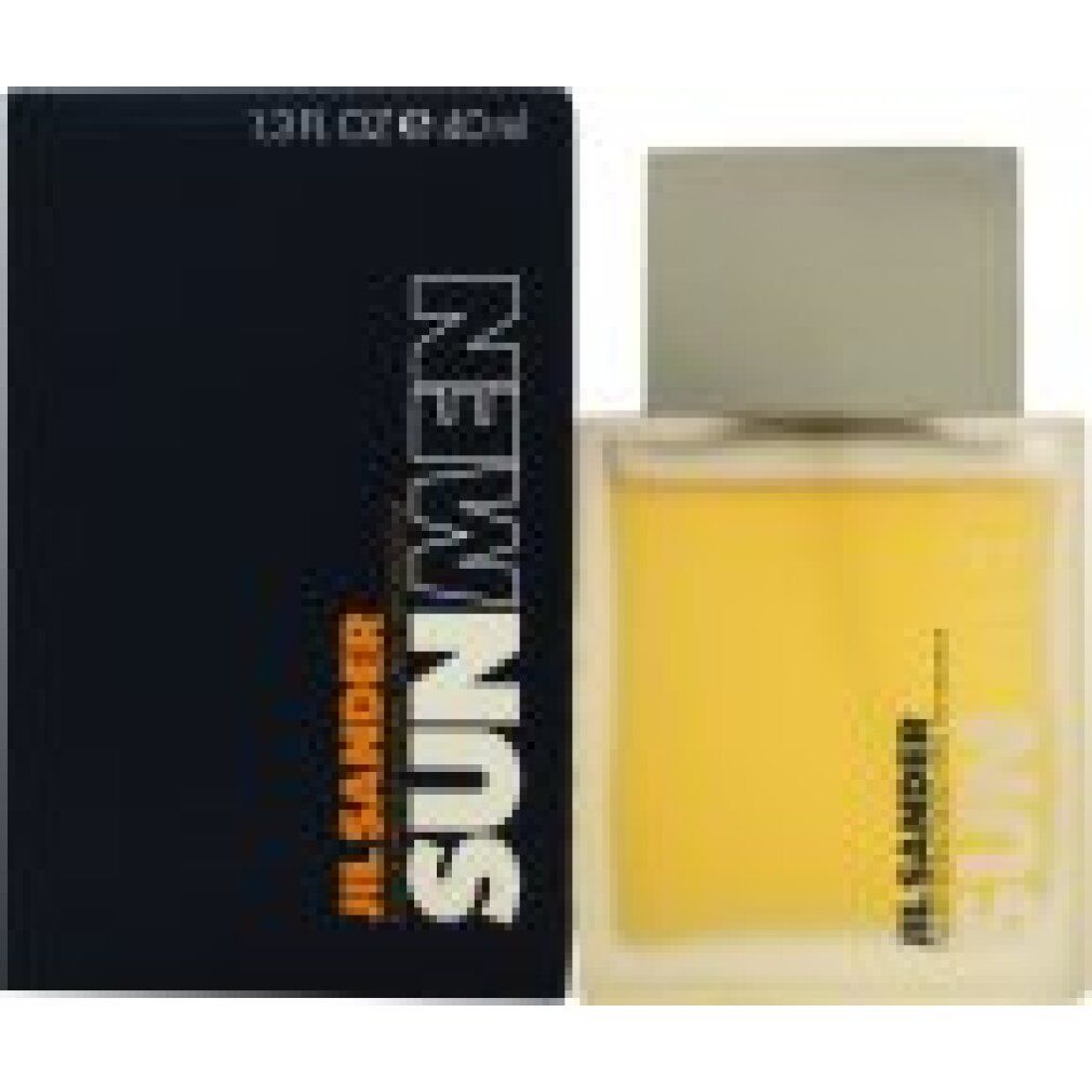 Flakon und Schachtel. Aufschrift SUN MEN und Jil Sander. Eckiger Flakon mit silbernem Deckel. Schwarze Schachtel.