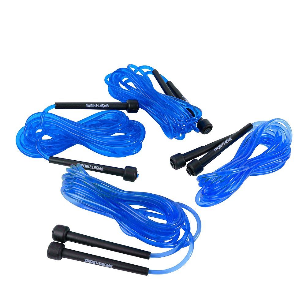 Mehrere blaue Springseile mit schwarzen Griffen. Auf den Griffen steht "Sport-Thieme".