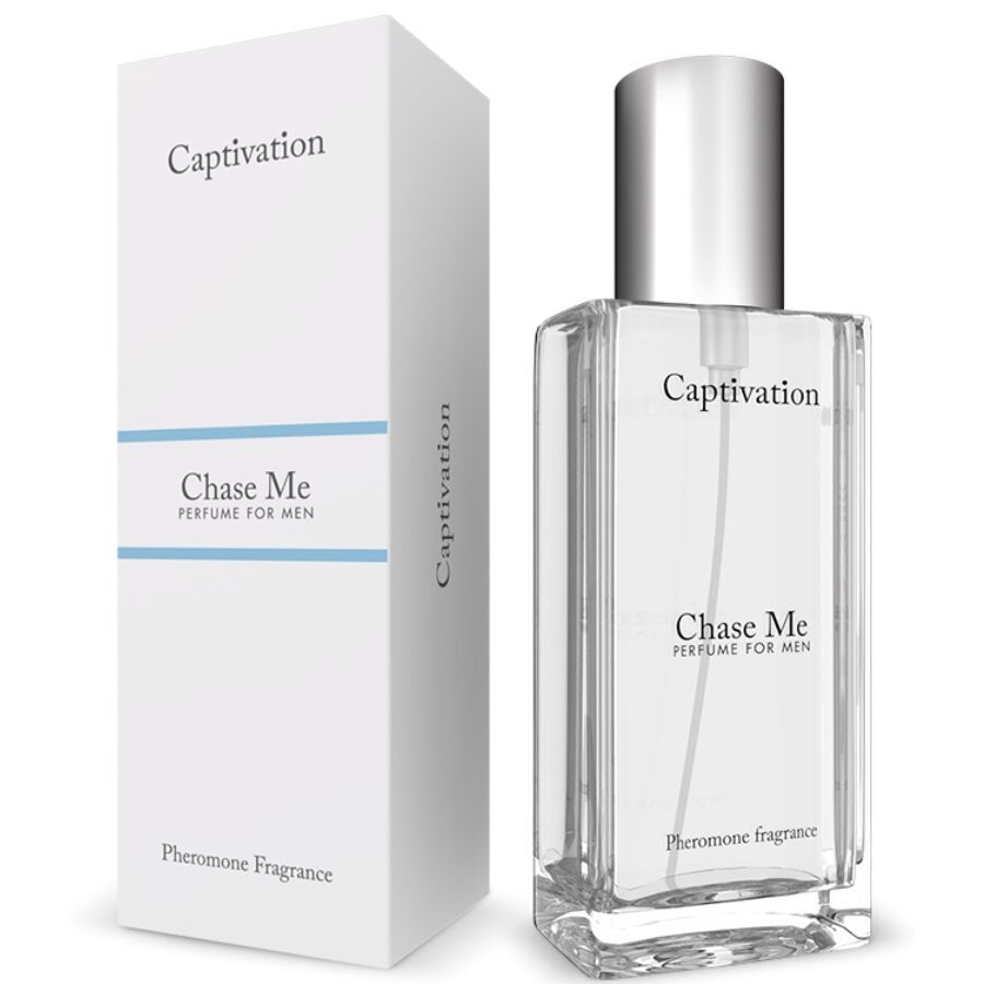 Parfümflakon und Verpackung. Aufschrift: Captivation, Chase Me, Pheromone Fragrance. Rechteckige Flasche mit silbernem Verschluss.