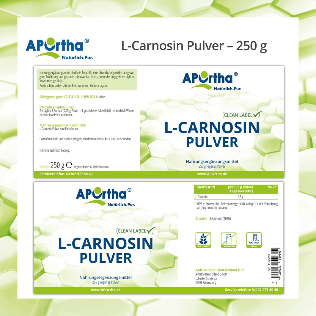 APOrtha L-Carnosin Pulver, 250 g. Produktetiketten mit Informationen zu Inhaltsstoffen und Nährwerten. Clean Label-Zertifizierung.