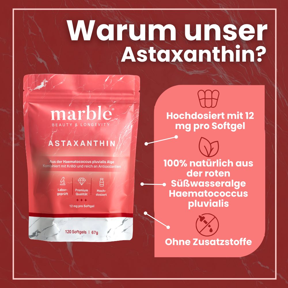 Rosa Beutel mit Astaxanthin-Softgels. Text: marble, Astaxanthin, 12 mg pro Softgel. Enthält 120 Softgels. Aufschrift: 100% natürlich.