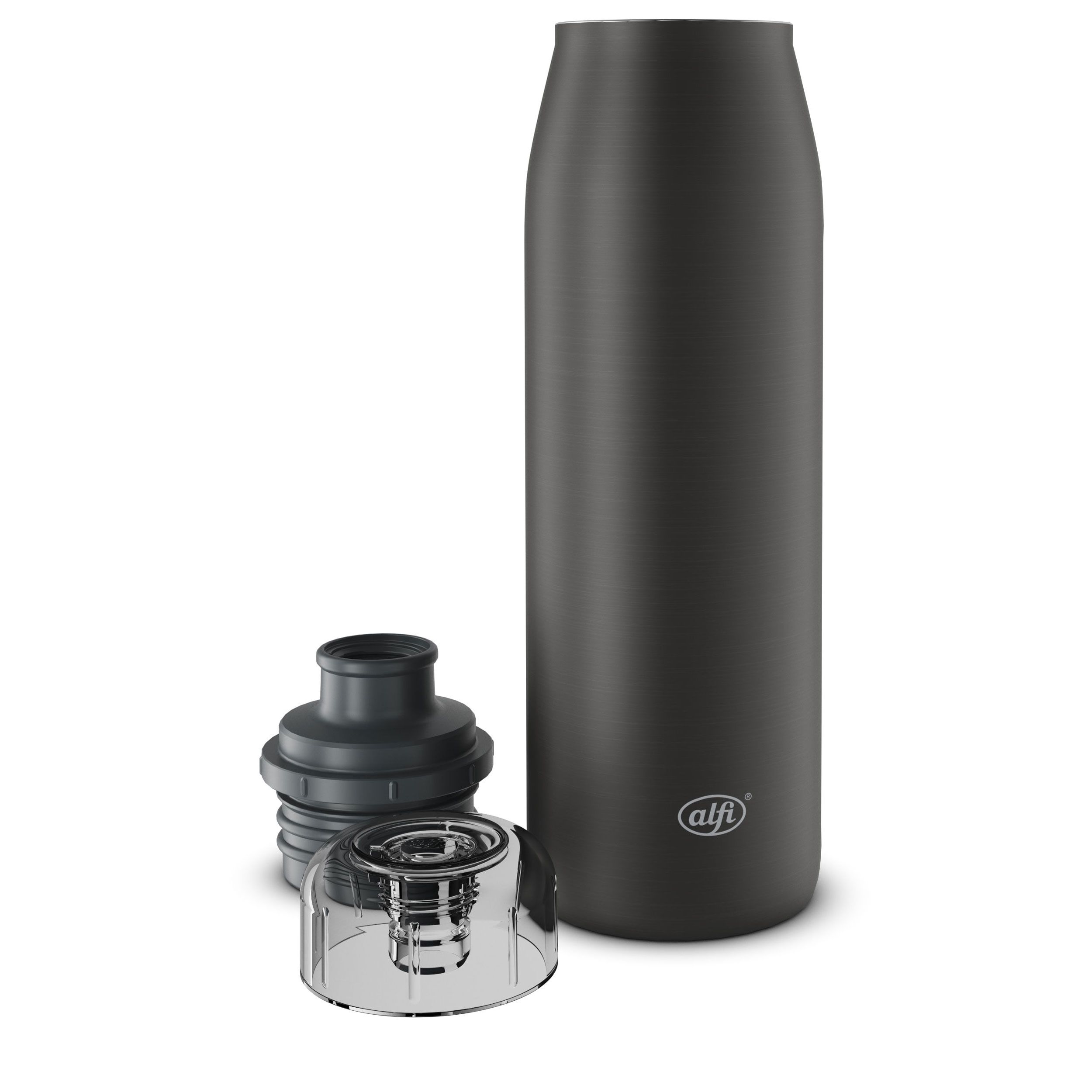 Graue Alfi Isolierflasche mit Schraubverschluss und transparentem Deckel.