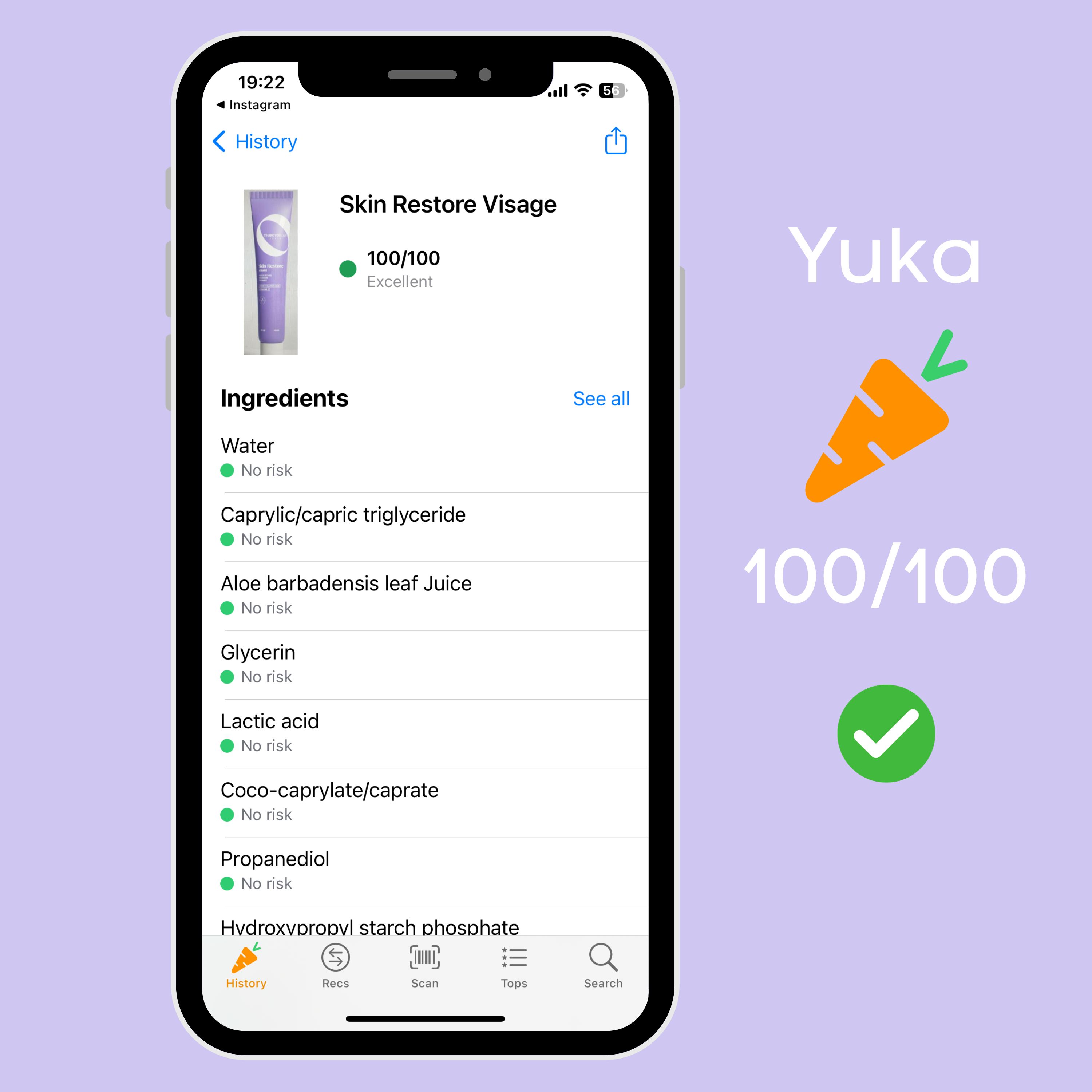 Smartphone-Bildschirm mit Inhaltsstoffliste. Yuka-Bewertung: 100/100. Karotten-Symbol und grünes Häkchen.