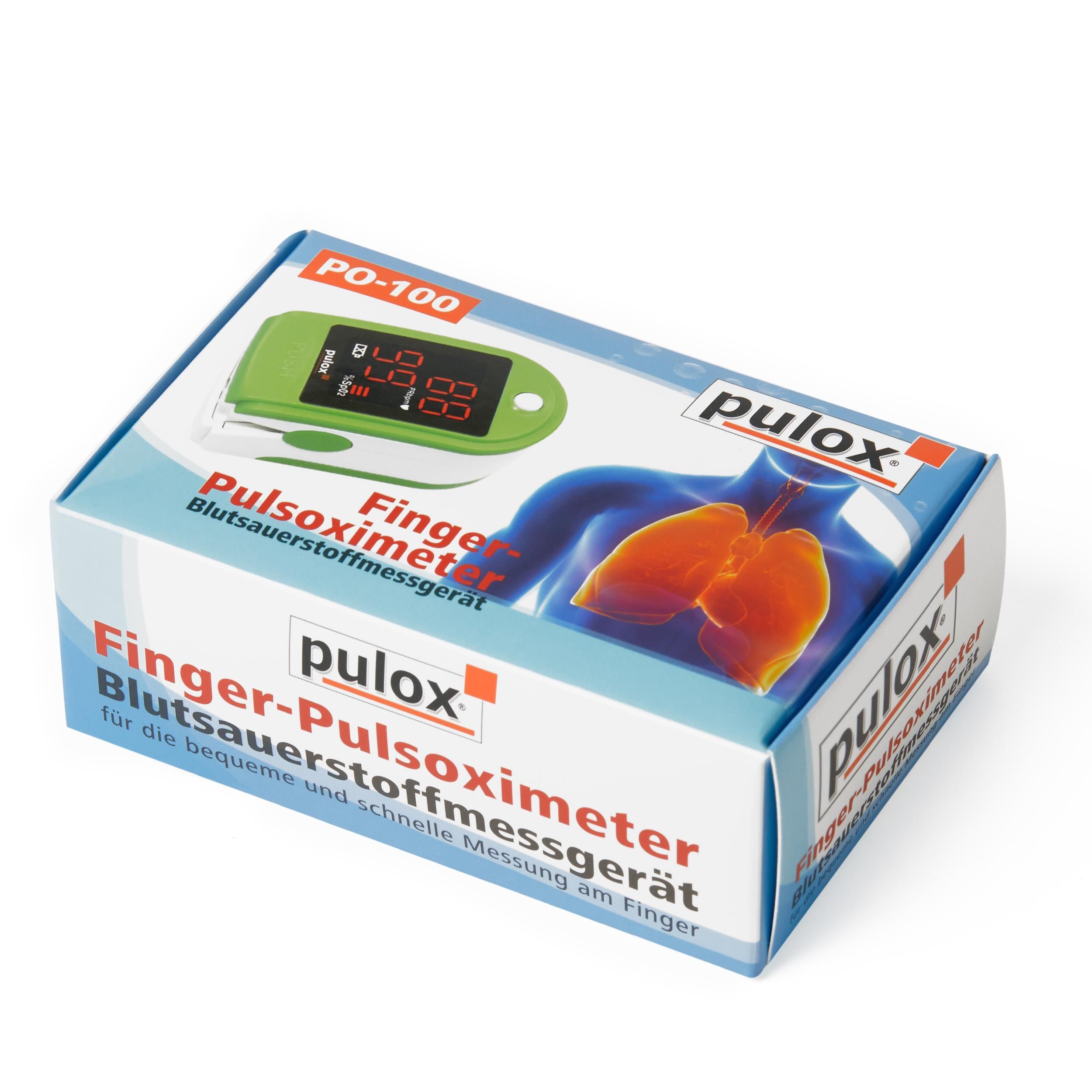 Verpackung des Pulsoximeters. Box mit Produktabbildung und Produktnamen. Pulox und Finger-Pulsoximeter sind sichtbar.