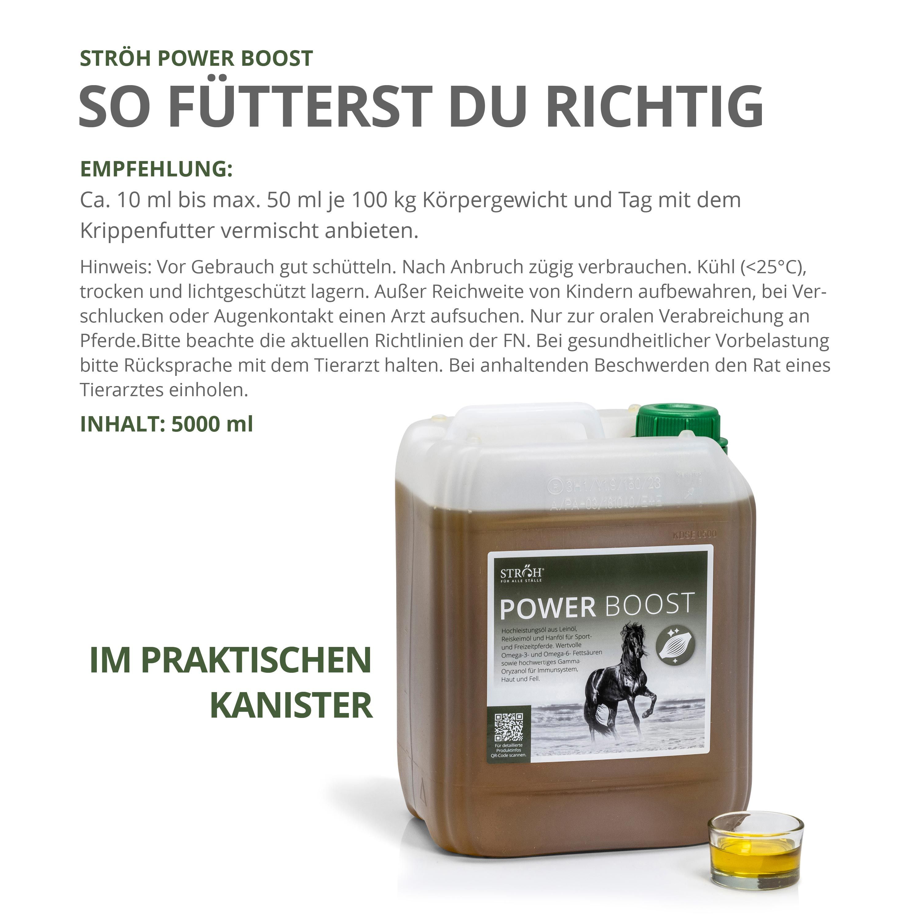 STRÖH Power Boost Kanister. Braune Flüssigkeit, grüner Deckel. Aufschrift Power Boost und ein Pferd. Mit gelbem Öl.