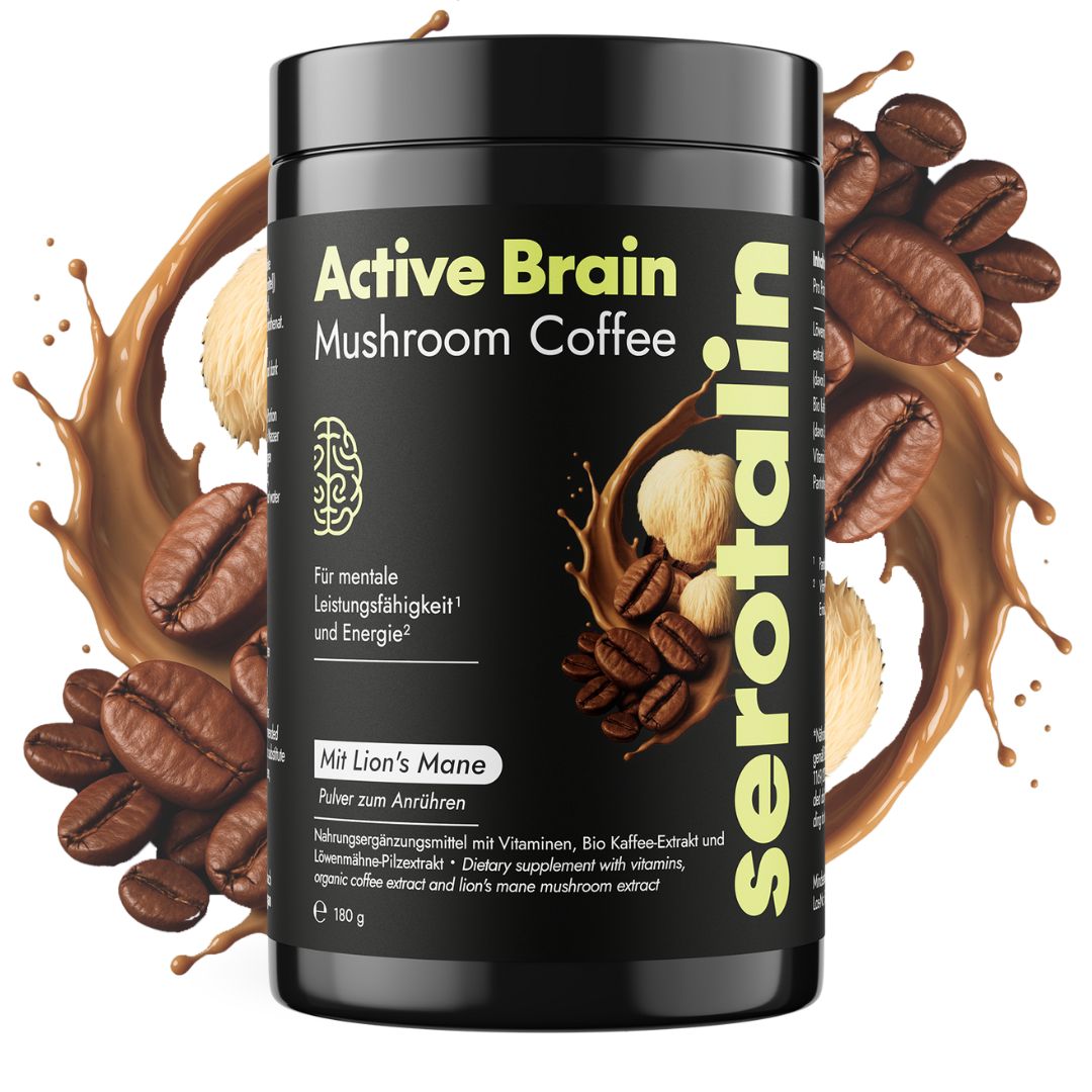 Produktverpackung mit Kaffeebohnen und Pilzen. Text: Active Brain Mushroom Coffee. Mit Lion's Mane. Für mentale Leistungsfähigkeit und Energie.