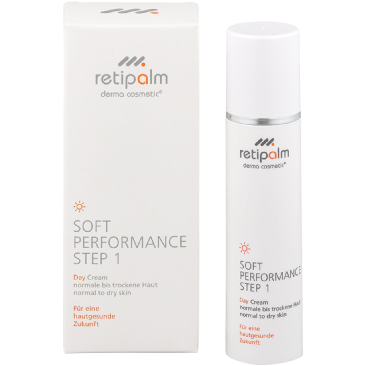 Produktverpackung und Flasche. Verpackung und Flasche weiß. Aufschrift: Retipalm, Soft Performance Step 1 Day. Für normale bis trockene Haut.